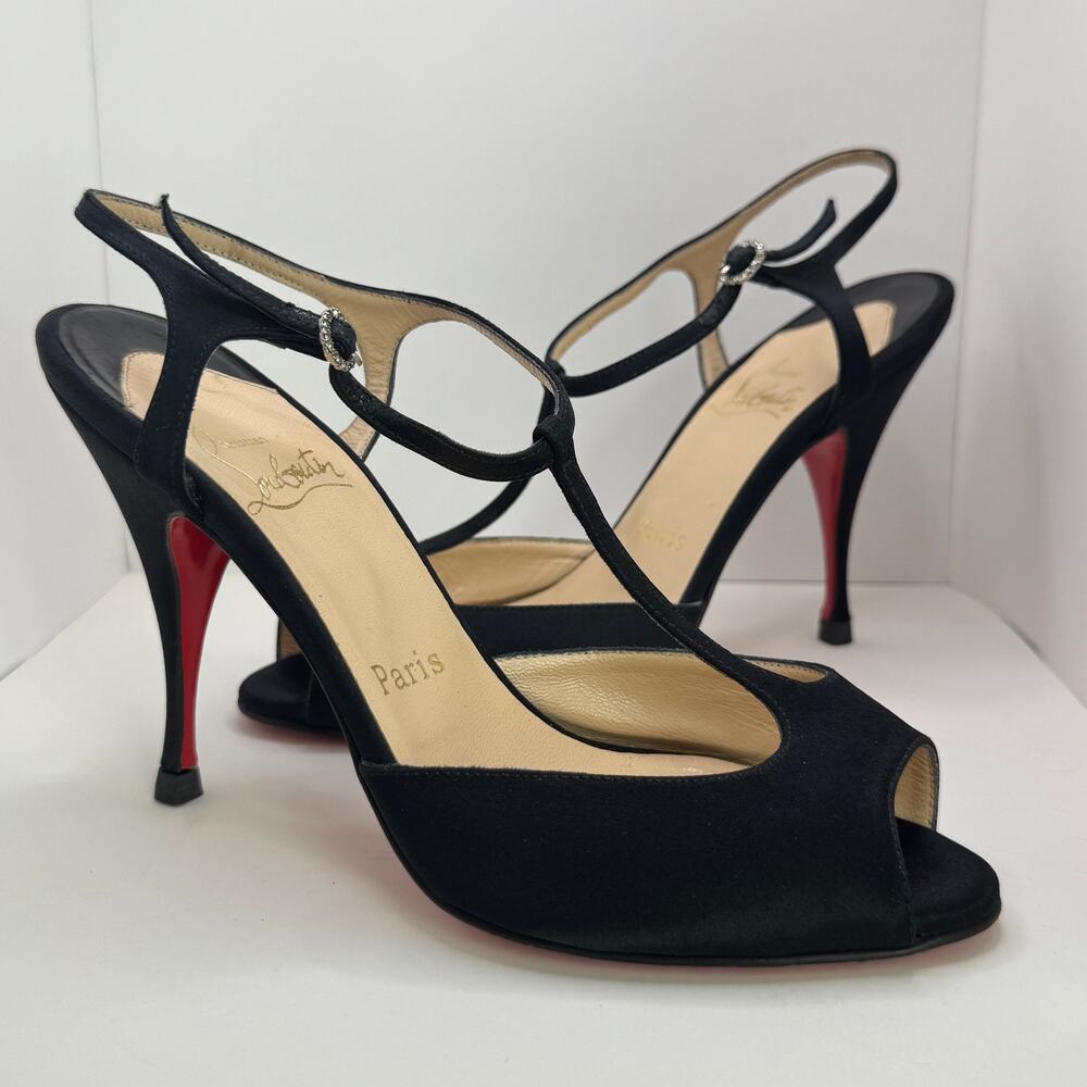 Y2K Christian Louboutin Ernesta Black Satin T-Strap Peep Toe Heels EU 37
